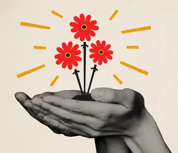 Horizontal creative artwork collage image of black white colors hands hold beautiful red painted flowers isolated on beige background.