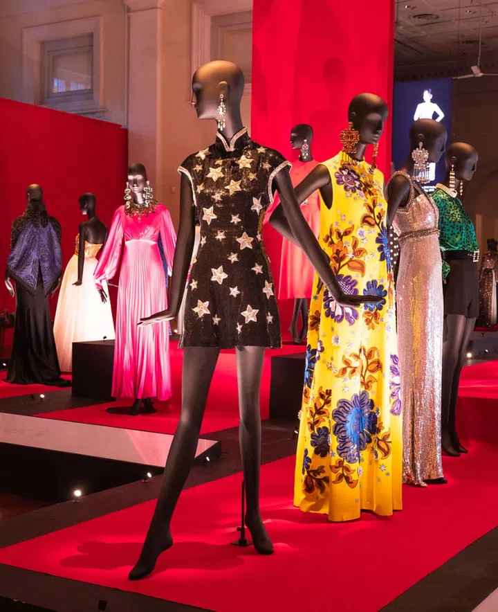 The red carpet section of the exhibition features gowns worn by celebrities. Photo: Navin Pillay