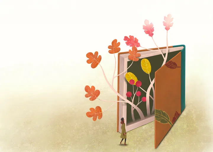 Book of Imagination and a woman.  Fantasy art. Concept idea of Autumn season, education,  dream, inspiration, creative, adventure and lerning. Conceptual 3d illustration. Surreal painting. tree and lea