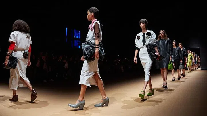 Perhaps the most chilling part of the show: the over-extended false eyelashes on the models’ upper eyelids, courtesy of British makeup maven Pat McGrath. Credit: Prada