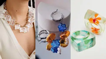 coloured glass necklace, earrings and rings
