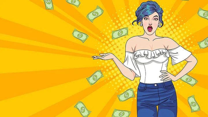 surprise business woman successful and shocking with Falling Money say WOW OMG Pop art retro comic style