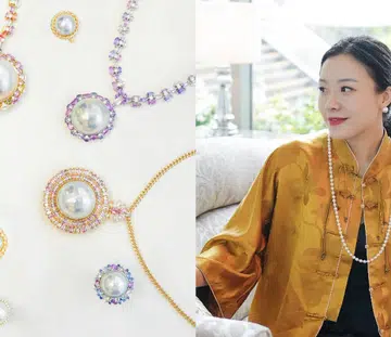 Mabe and Keshi pearl jewellery and Asian woman wearing a yellow silk Qipao