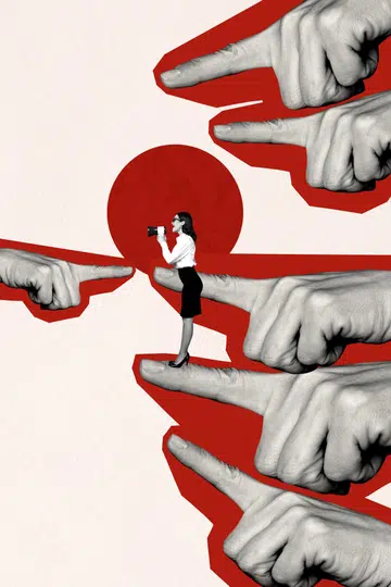 Art image vertical photo collage of angry girl scream megaphone hands point index finger opposition bullying rebellion tension.