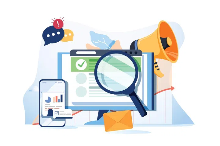 Search result optimization SEO marketing analytics flat vector banner with icons. SEO performance, targeting and monitoring, search results website templates. Modern website concept business solutions