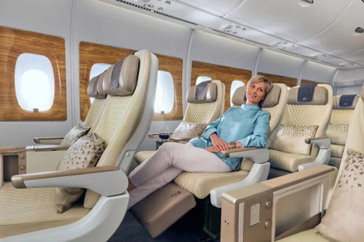 Look forward to a comfortable travel experience in the 19.5-inch wide leather seats that come with calf and leg rests. Credit: Emirates