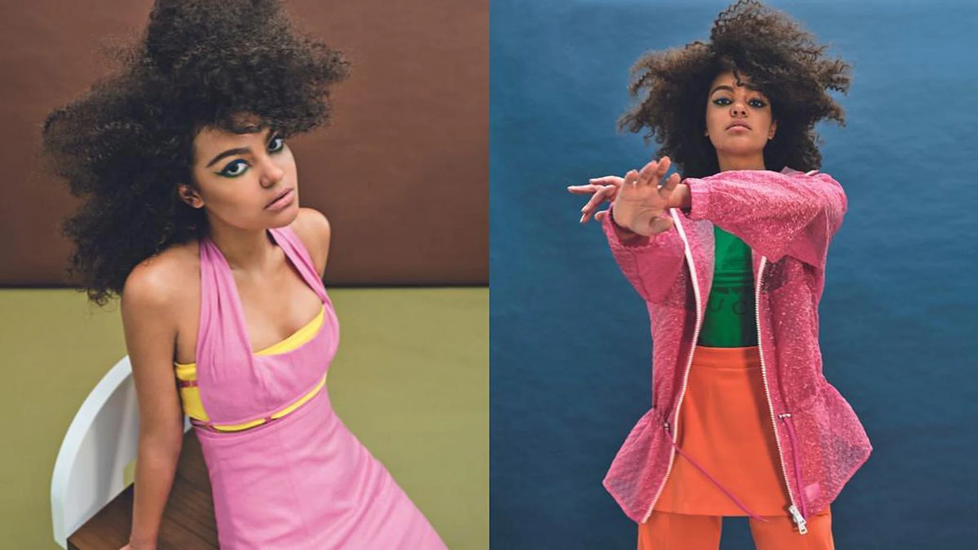 model wearing colourful clothing, in pink, yellow, green, orange