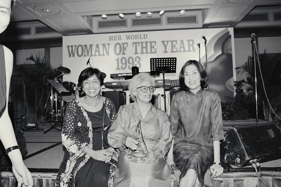 The retired director of the National Library, Mrs Hedwig Anuar (cente) 65, is 1993's Woman of the Year. The award, sponsored by Her World, a leading women's magazine, is given to women who inspire others through their achievements. Mrs Anuar, a founder member of the Association of Women For Action and Research (Aware) is a divorcee with two grown-up children. On the left is Dr Kanwaljit Soin, 52, an orthopaedic surgeon and Nominated MP. Mrs Soin was Woman of the Year 1992. On the right is Professor Chan Heng Chee.