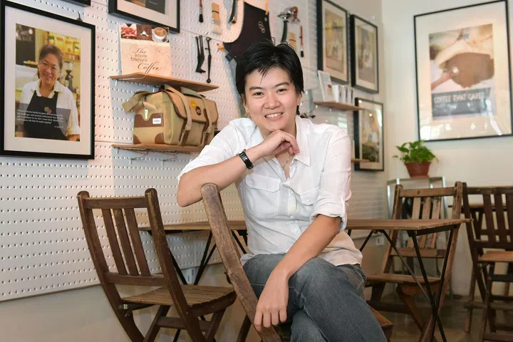 Bettr Barista founder Pamela Chng at her workplace. She sets up training programme that empowers marginalised women and youth at risk while teaching them to make coffee. Trainees learn about coffee and do attachments as baristas at cafes, but also learn how to manage their emotions and develop healthy coping mechanisms.