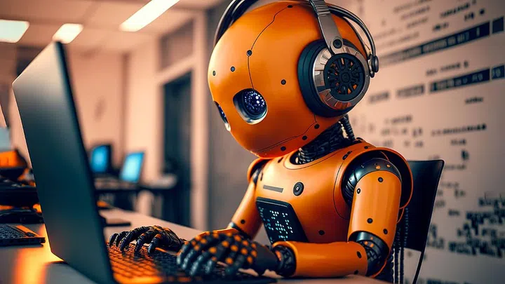 Adorable humanoid robot working on laptop, Generative AI