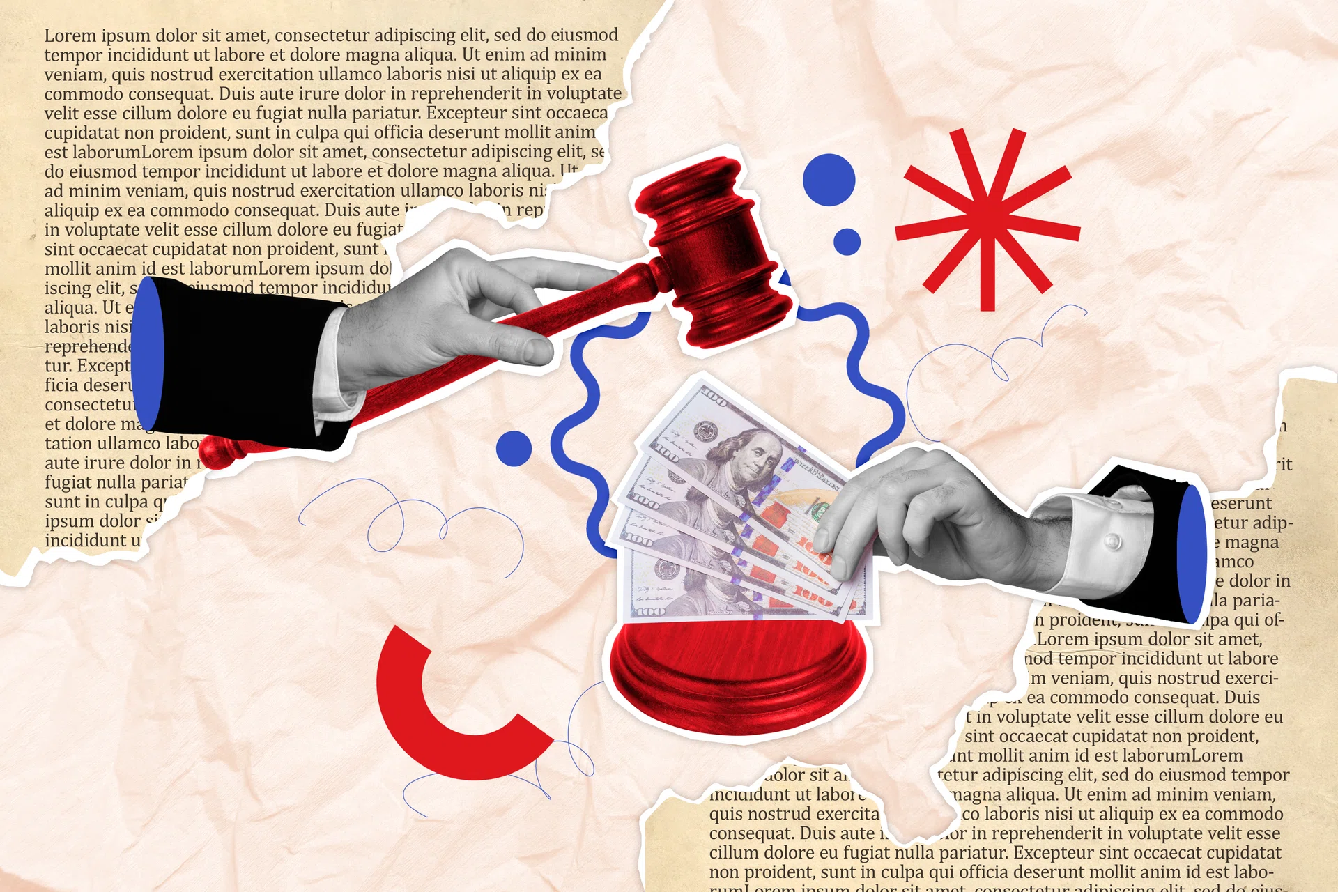 Creative collage image human hands give bribe illegal decision judge court cash banknotes corruption book page background.