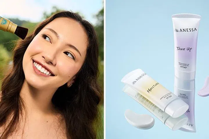 Asian woman applying ANESSA’s viral brush-on sunscreen powder and Multi-Control UV Gel