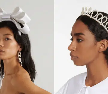 white bow headband and tiara-style headband, both for weddings