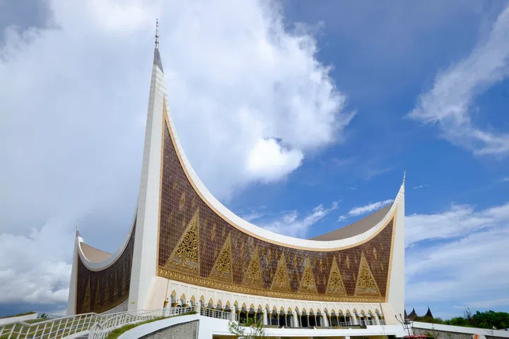 New city landmark of Padang, Grand mosque of West Sumatra. It has buffalo horn as rooftop of the mosque, symbol of Minangkabau tribe.