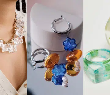 coloured glass necklace, earrings and rings