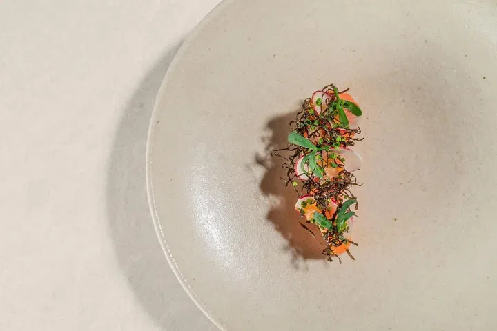 Ora king salmon, French breakfast radish, finger lime, wax pepper fumet at Marguerite. (Photo: Marguerite)
