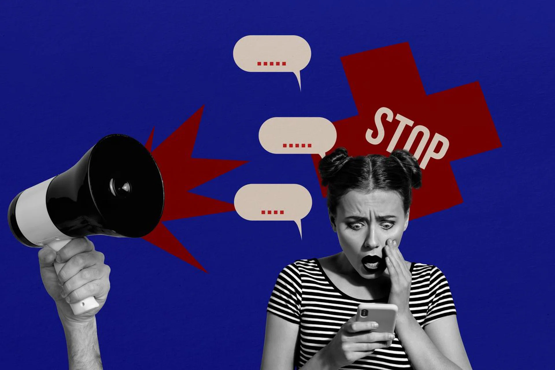 Composite trend artwork sketch image photo collage of poster stop harassment abuse cyberbullying loudspeaker young lady read mobile news.
