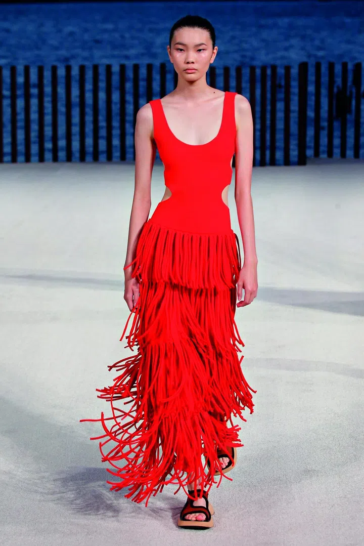 A model walking on runway wearing Proenza Schouler Spring Summer 2022 Women ready to wear Fashion Show on September 2021 in New York, USA