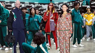 From left: Balenciaga, Lacoste, Gucci and Undercover are in on the tracksuit game.