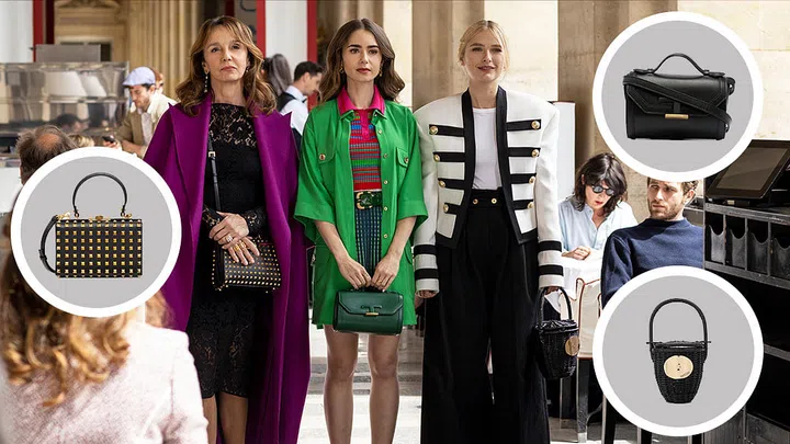 On Camille: Patou woven bucket bag, $1,154
On Emily: Tod's T Timeless crossbody bag, $2,466
On Sylvie: Rockstud Alcove Grainy Calfskin Box Bag with all-over studs, $4,740