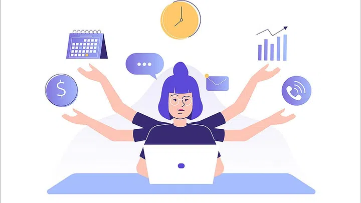 Multitasking and time management concept. Young freelancer woman or business manager working at office. Office worker doing professional multitasking. Multitasking skill. Isolated vector illustration