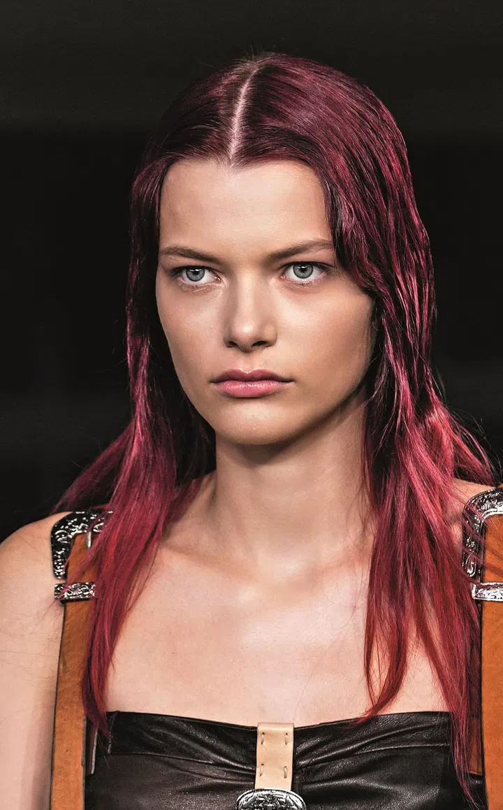 A model’s face, Beauty Close Up, at Acne Spring Summer 2022 Women ready to wear Fashion Show on October 2021 in Paris, France