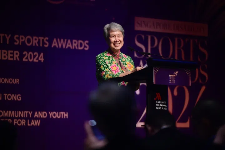 Ms Ho Ching, the newly-minted trustee and patreon of Singapore Disability Sports Council, giving a speech at the Singapore Disability Sports Awards 2024 on Nov 20. ST PHOTO: AZMI ATHNI