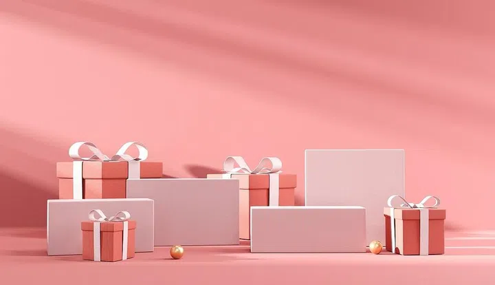 Minimal abstract product background for Valentine and Christmas, Podium with pink gift box on pink background. 3d render. stage for product design.