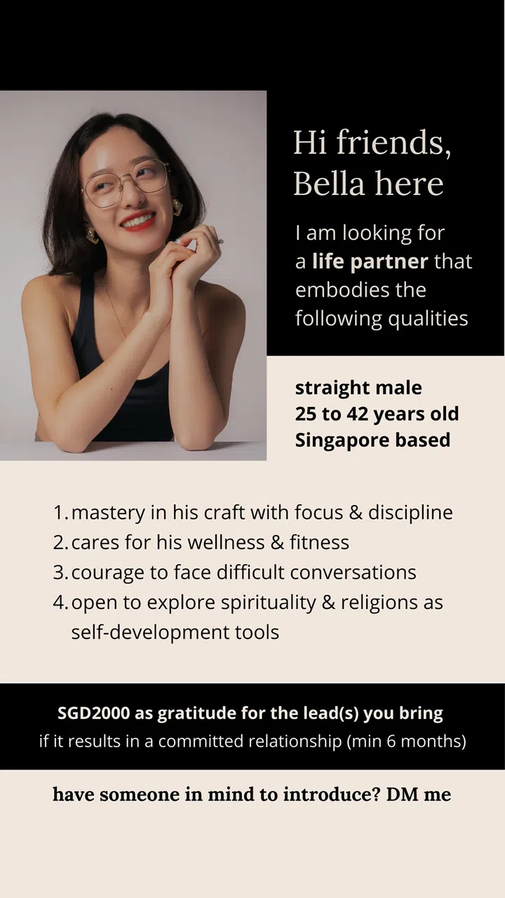 kxbounty - Ms Bella Dai Dai says her $2,000 bounty is less about the money than making her search for love memorable to friends. Credit: Courtesy of Bella Dai