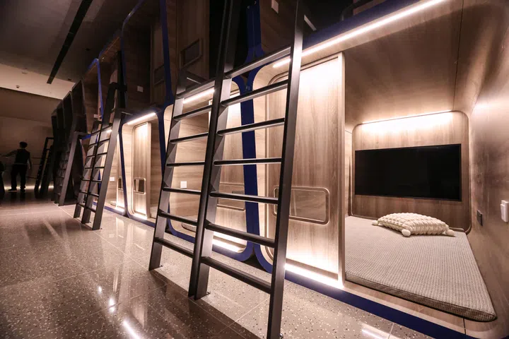 Nap pods in House Bubble, a $45 million Chinese bathhouse complex, at Perennial Business City, on March 16, 2026. 