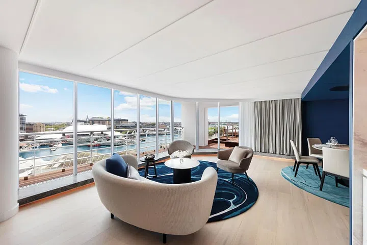 Views across Darling harbour from the living room of the Regency Terrace Suite at the Hyatt Regency. Photo: courtesy
