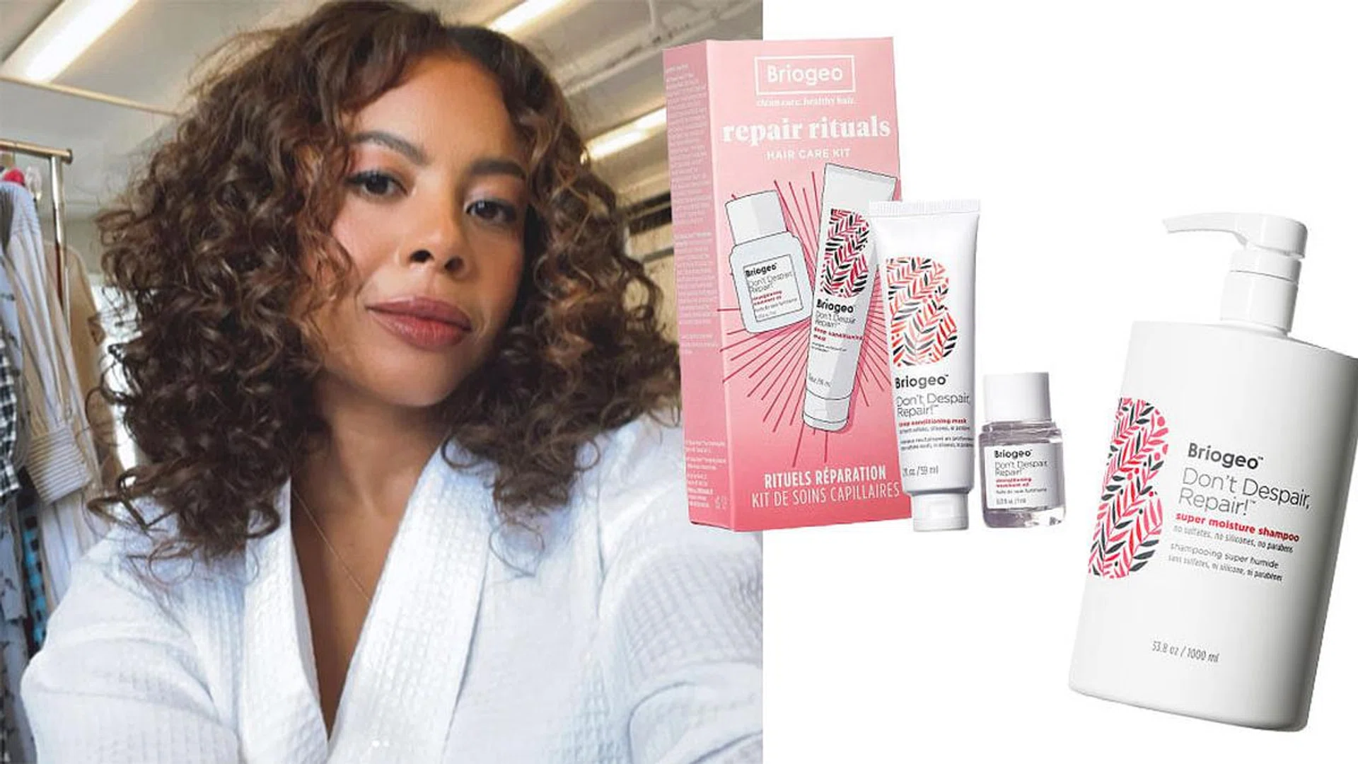 Briogeo founder Nancy Twine, Don't Despair, Repair Shampoo ($89 for 1 litre), haircare kit ($32).