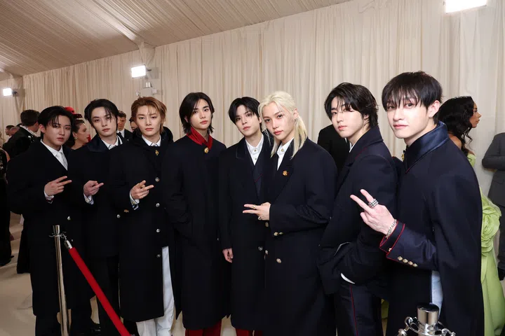 NEW YORK, NEW YORK - MAY 06: (L-R) Changbin, Lee Know, I.N, Hyunjin, Seungmin, Felix, Han and Bang Chan of Stray Kids attends The 2024 Met Gala Celebrating "Sleeping Beauties: Reawakening Fashion" at The Metropolitan Museum of Art on May 06, 2024 in New York City.  (Photo by Mike Coppola/MG24/Getty Images for The Met Museum/Vogue)