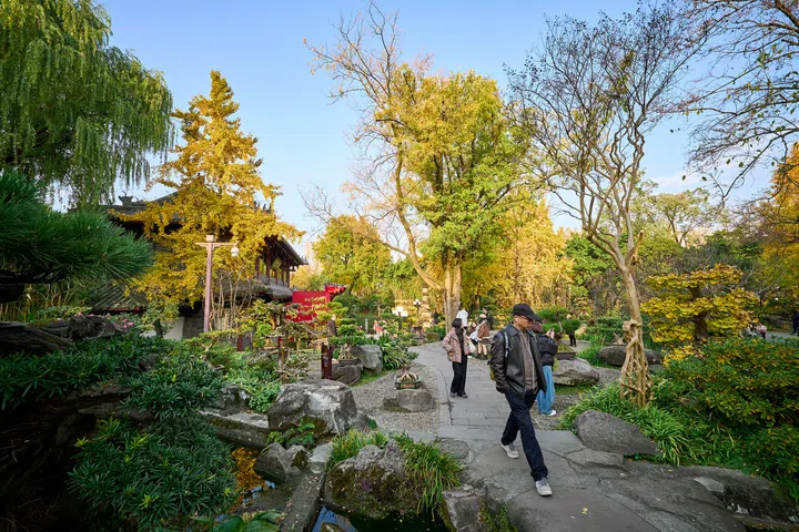 Chengdu, sichuan, china - dec 04, 2025: tourists enjoying various trees, rocks, and traditional architecture in an autumn garden