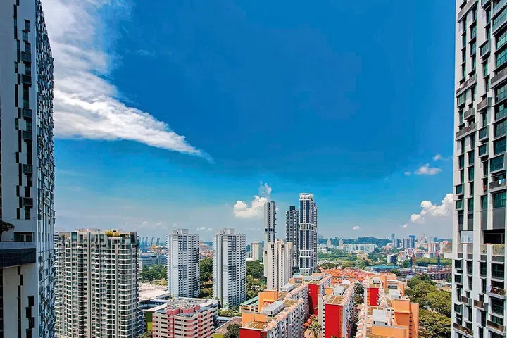 Singapore city skyline landscape at blue sky. Urban skyscrapers cityscape