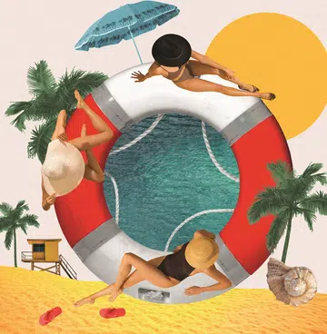 Slim young women lying on swimming circle in pool and sunbathing on beach. Tropics, palms and sand. Contemporary art collage. Concept of summer, vacation, relaxation, travelling, holiday, tourism