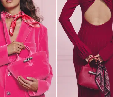  Longchamp Le Roseau bag in pink fur and sculptural beetroot red