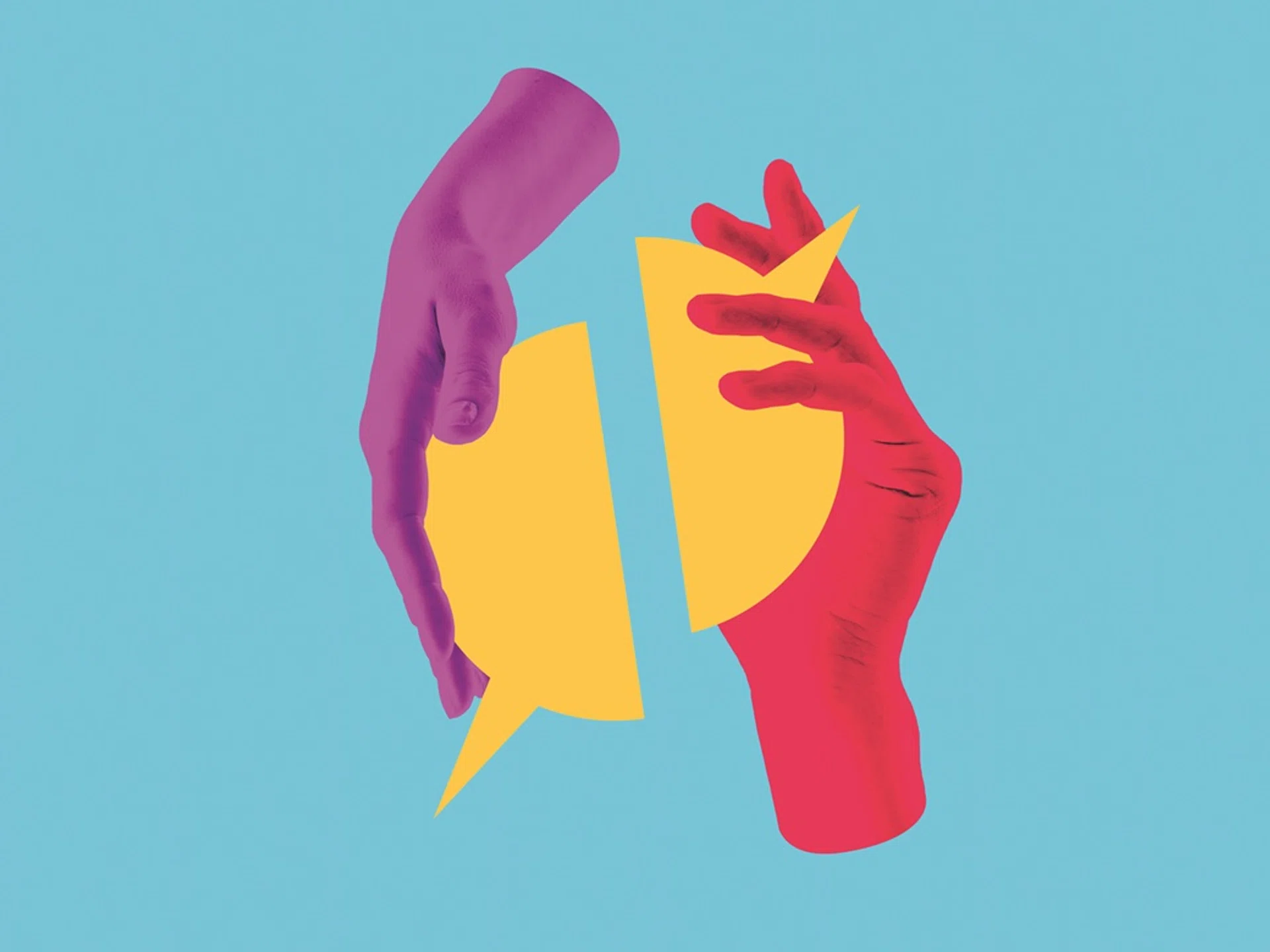 Digital artwork. Two hands holding split speech bubble symbol of dialogue and support. Concept of communication, conflict resolution, inclusion, accessibility, teamwork and social interaction.
