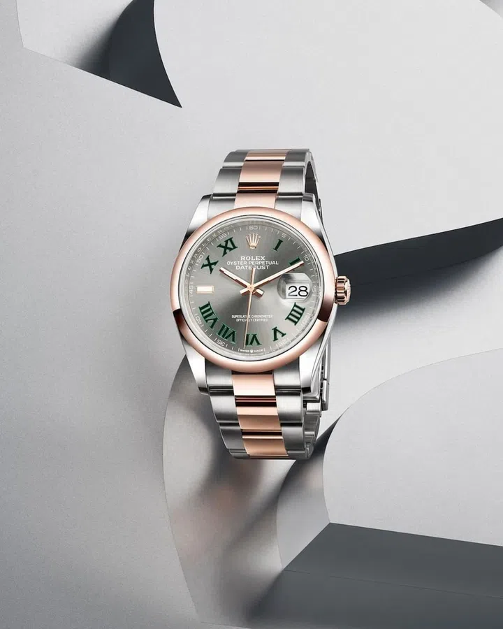 An Oyster Perpetual Datejust 36 in Everose Rolesor with a slate dial and Roman numerals. Credit: Rolex