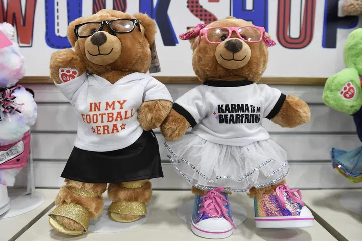 LAS VEGAS, NEVADA - FEBRUARY 09: Taylor Swift themed Build-A-Bear merchandise in the NFL Shop inside the NFL Experience at the Mandalay Bay Convention Center ahead of Super Bowl LVIII on February 09, 2024 in Las Vegas, Nevada. (Photo by Candice Ward/Getty Images)