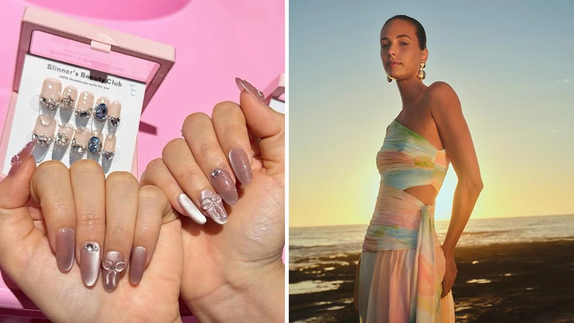Lady getting a manicure done and woman at the beach wearing a Forever New dress