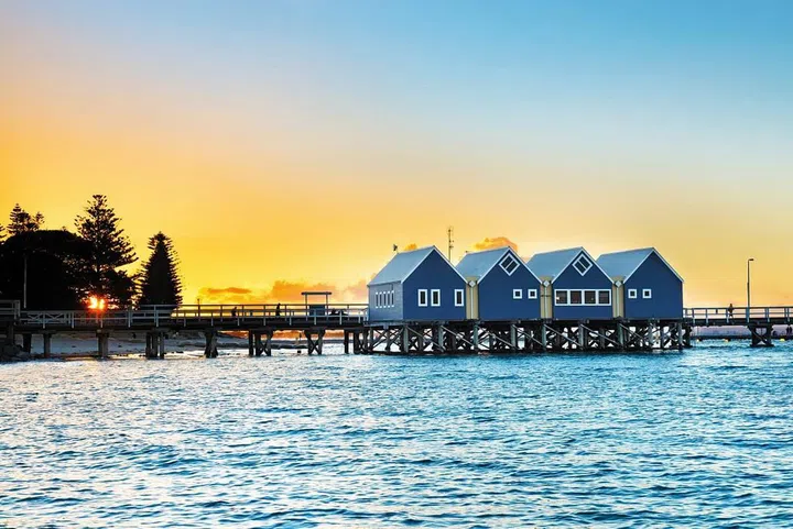 Sunset at Busselton Jetty which stretches over Geographe Bay.
