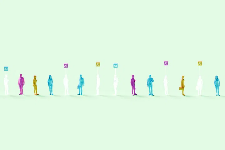 3D rendered conceptual illustration of a diverse row of business people where every figure is rendered in vibrant solid colors (blue, purple, pink, orange) with translucent ones in-between with glowing “AI” signs hovering above their heads against a soft mint-green background – powerful visualization of artificial intelligence augmenting and empowering the entire human workforce, AI enhancing employee capabilities, hybrid human-AI collaboration, workers supercharged by artificial intelligence, cognitive augmentation boosting productivity, AI as universal performance partner, digital transformation making every role more capable, and the new era where artificial intelligence elevates all human talent in the workplace.