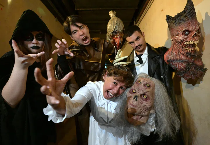 Scare actors for the Battlebox’s Underground: The Summoning include (from left) Ms Miranda Ng, Brendon Loo, Madam Eliyah Osman and Samuel Chua, 7 September 2024.