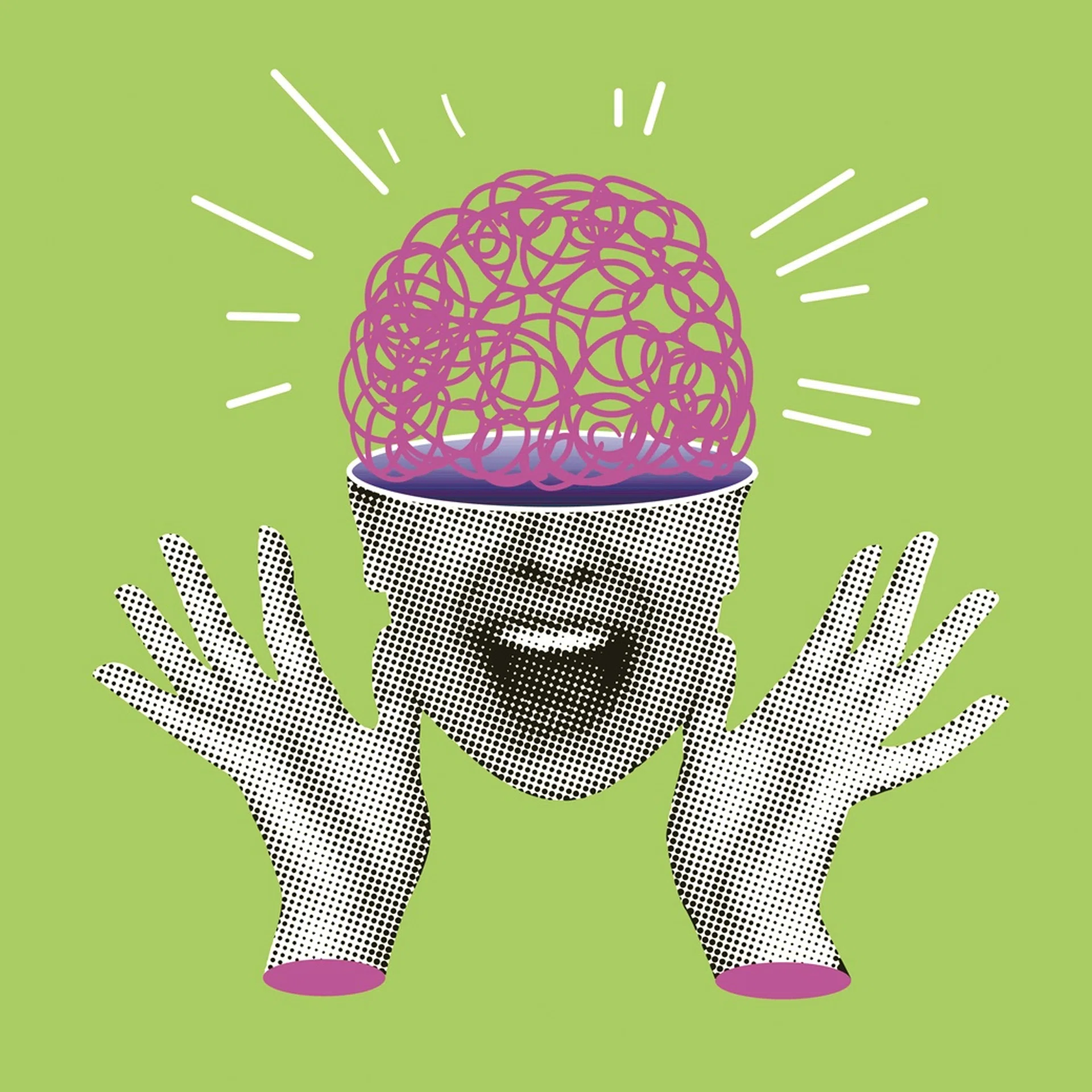Idea concept. Shining brain inside woman's head. Creative thinking in business. Scientific discoveries. Successful learning. Brainstorm. Halftone design elements cut from newspaper. Emotion of surprise