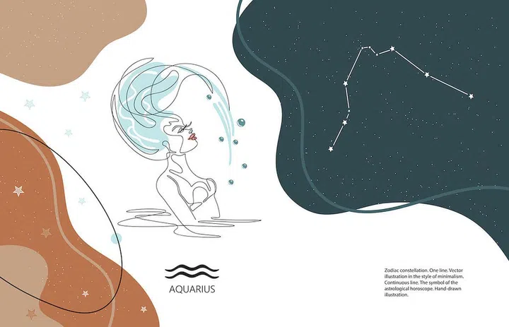 Zodiac background. Constellation Aquarius. Horizontal banner. One line.