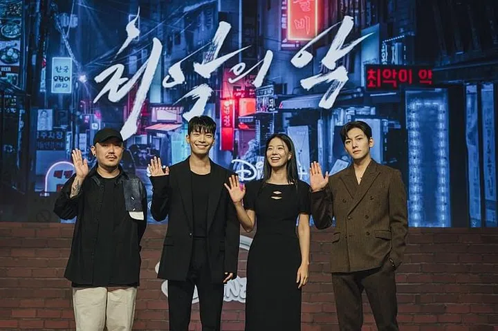 Director Han Dongwook, and cast members Im Semi Ji, Changwook, Wi Hajun at the premiere of "The Worst of Evil"