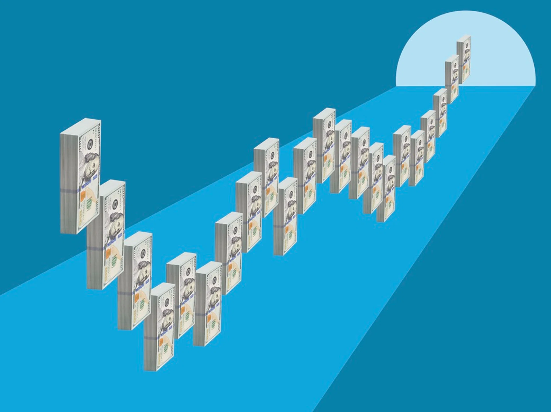 Many bundles of US $100 bills in bar graph pattern leading to archway in illustrated blue background