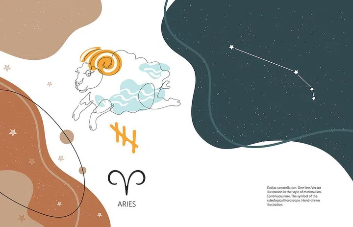 Zodiac background. Aries constellation. Horizontal banner. One line.