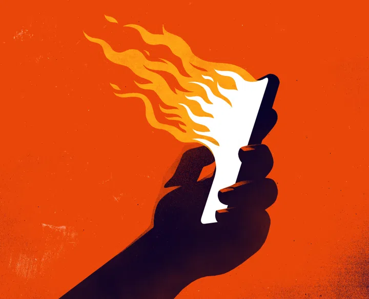 This illustration depicts a hand holding a smartphone emanating flames. The flames are rendered in a bright, fiery orange and white, creating a stark contrast against the dark background and the black silhouette of the hand and phone. This imagery could symbolize the viral spread of information, hot news, or the burning intensity of social media and communication in the digital age.